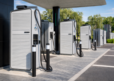 Modern DC fast charging stations installed at a commercial EV charging site with utility infrastructure and protective bollards
