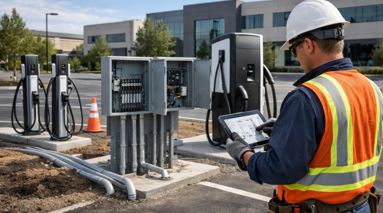 Contractor Installing Commercial EV Chargers