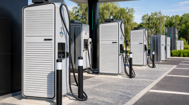 Modern DC fast charging stations installed at a commercial EV charging site with utility infrastructure and protective bollards