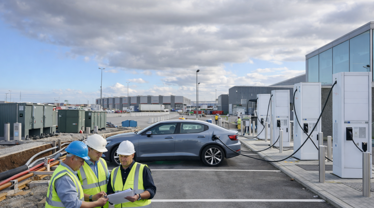 Commercial EV charging site with DC fast chargers, utility equipment, and engineers reviewing plans during installation